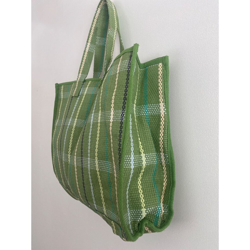 Green Plaid Old Navy Tote Bag With Inner Pocket & 11” Handles 100% Paper W/Lined - Picture 2 of 5